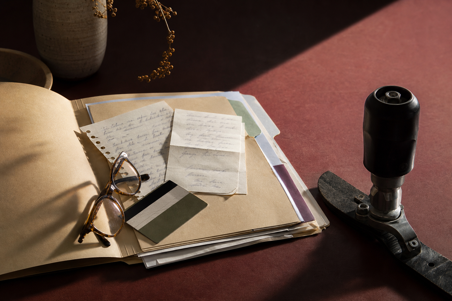 Paperwork, glasses, and a prosthetic component arranged on a desk