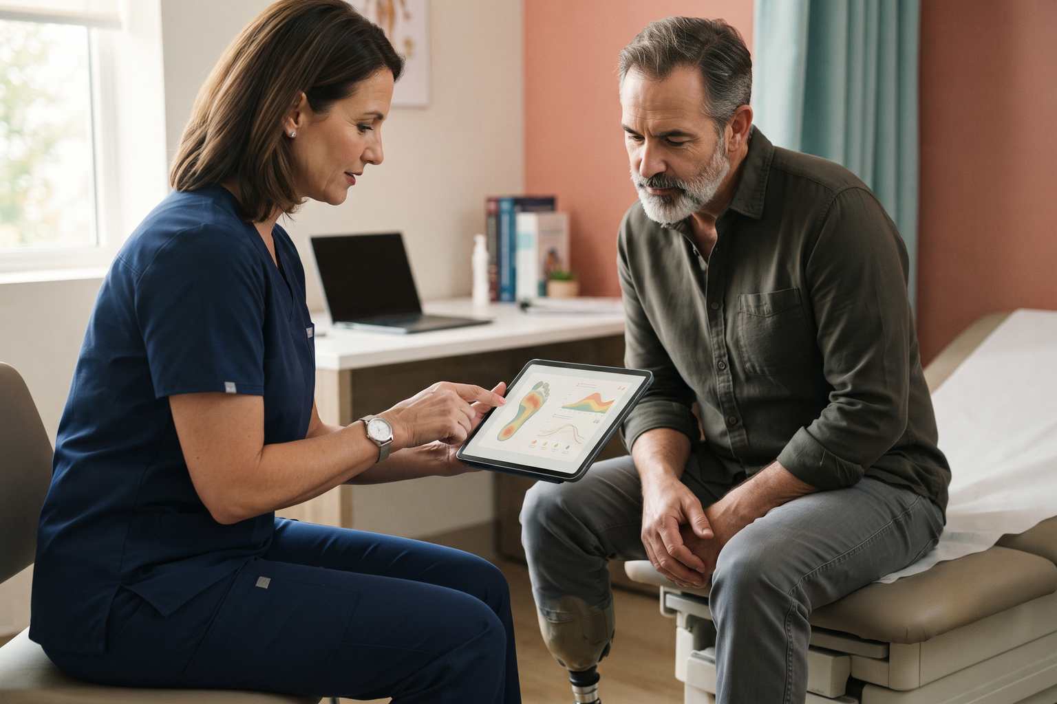 A clinician and patient reviewing an AI-assisted diabetic foot screening on a tablet