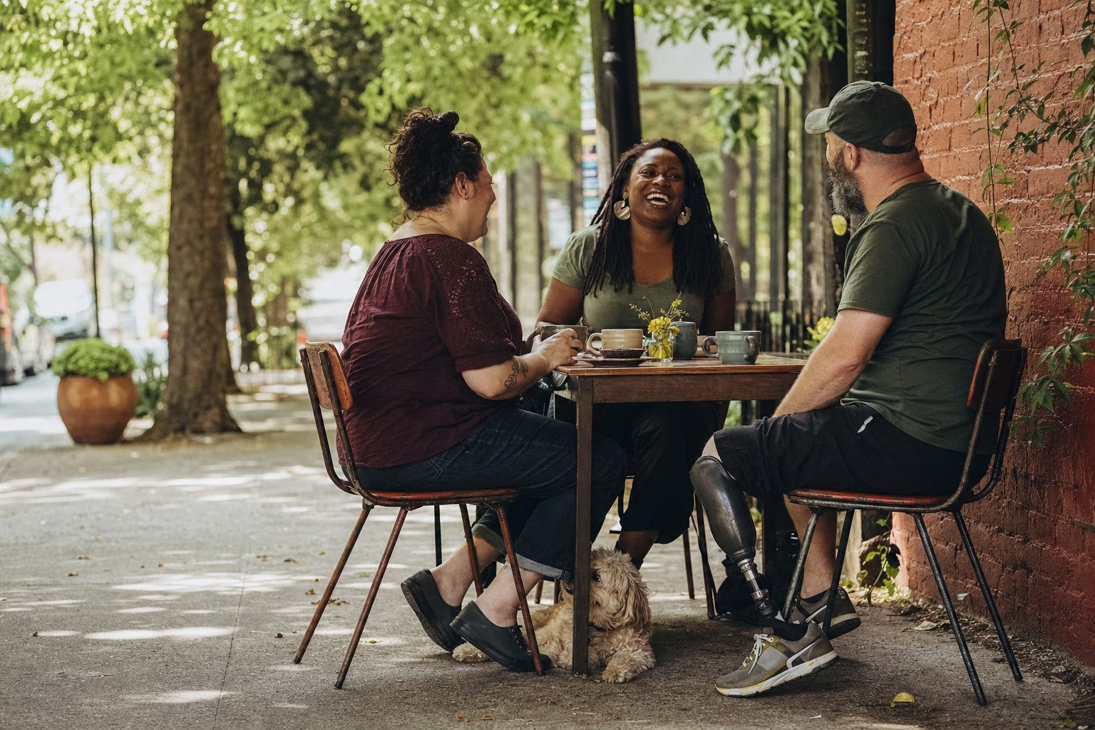 Three friends chatting together outside a neighborhood cafe