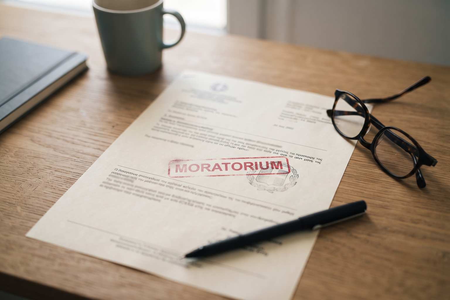 A federal policy notice stamped MORATORIUM on a desk beside a pair of reading glasses