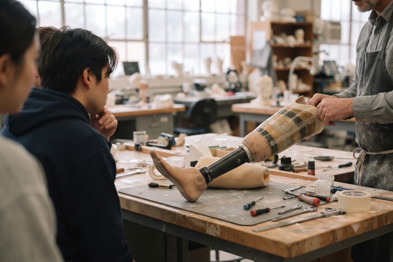 A prosthetics-and-orthotics instructor demonstrating a below-knee model to students in a lab